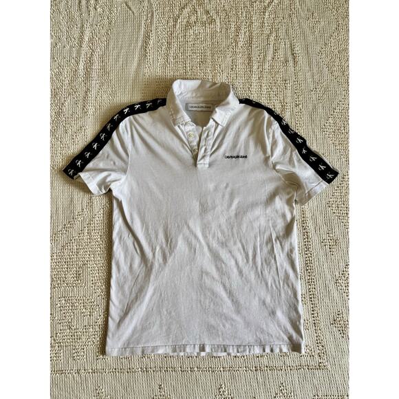 Calvin Klein Jeans White Polo Shirt Black Logo Ribbon Detail Size Small - Picture 1 of 14